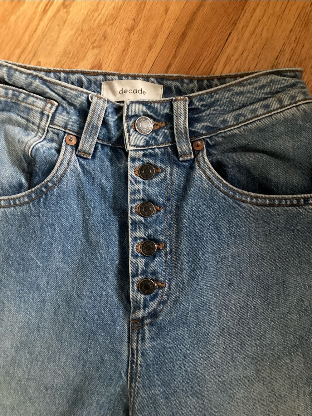 Decade High-Rise Button-Fly Jeans in Light Blue Denim